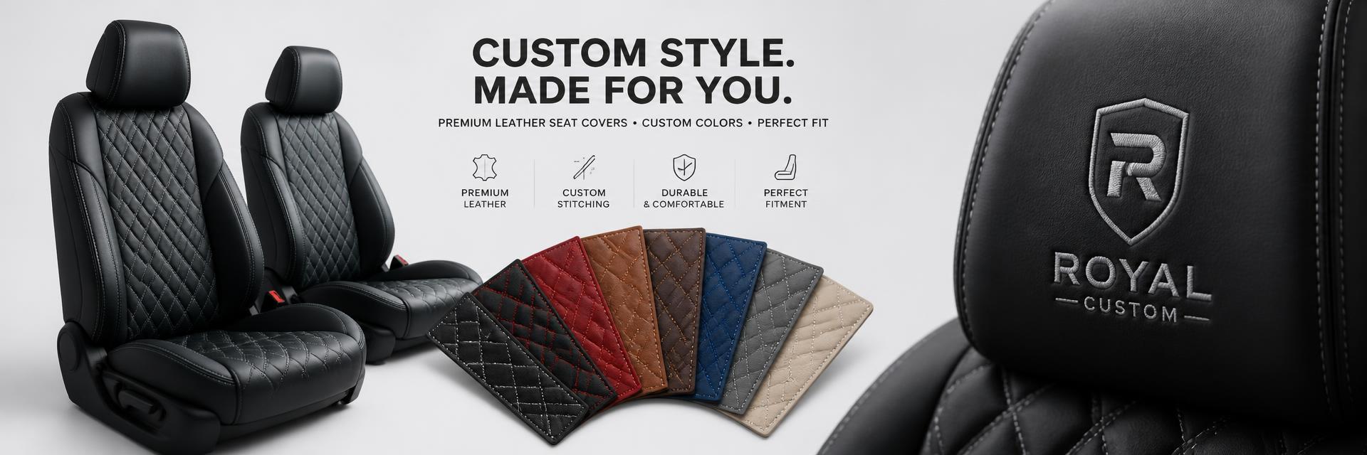 Custom seat cover options: leather colour swatches and embroidered custom logo