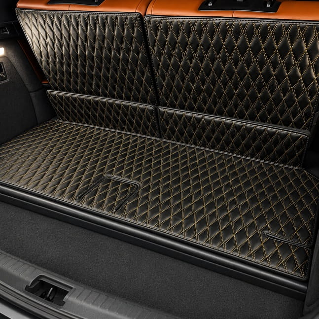 Custom leather cargo trunk liner fitted in an SUV boot