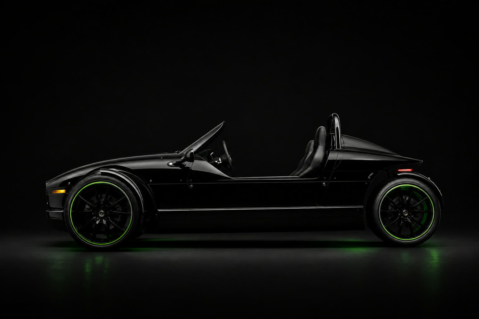 Retro three-wheeled Vanderhall side profile